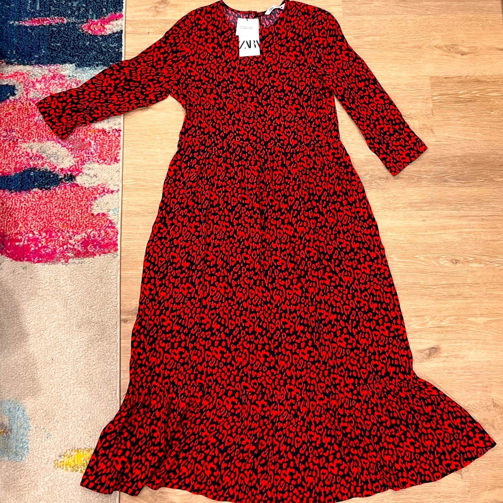 NWT ZARA red and blue leopard dress